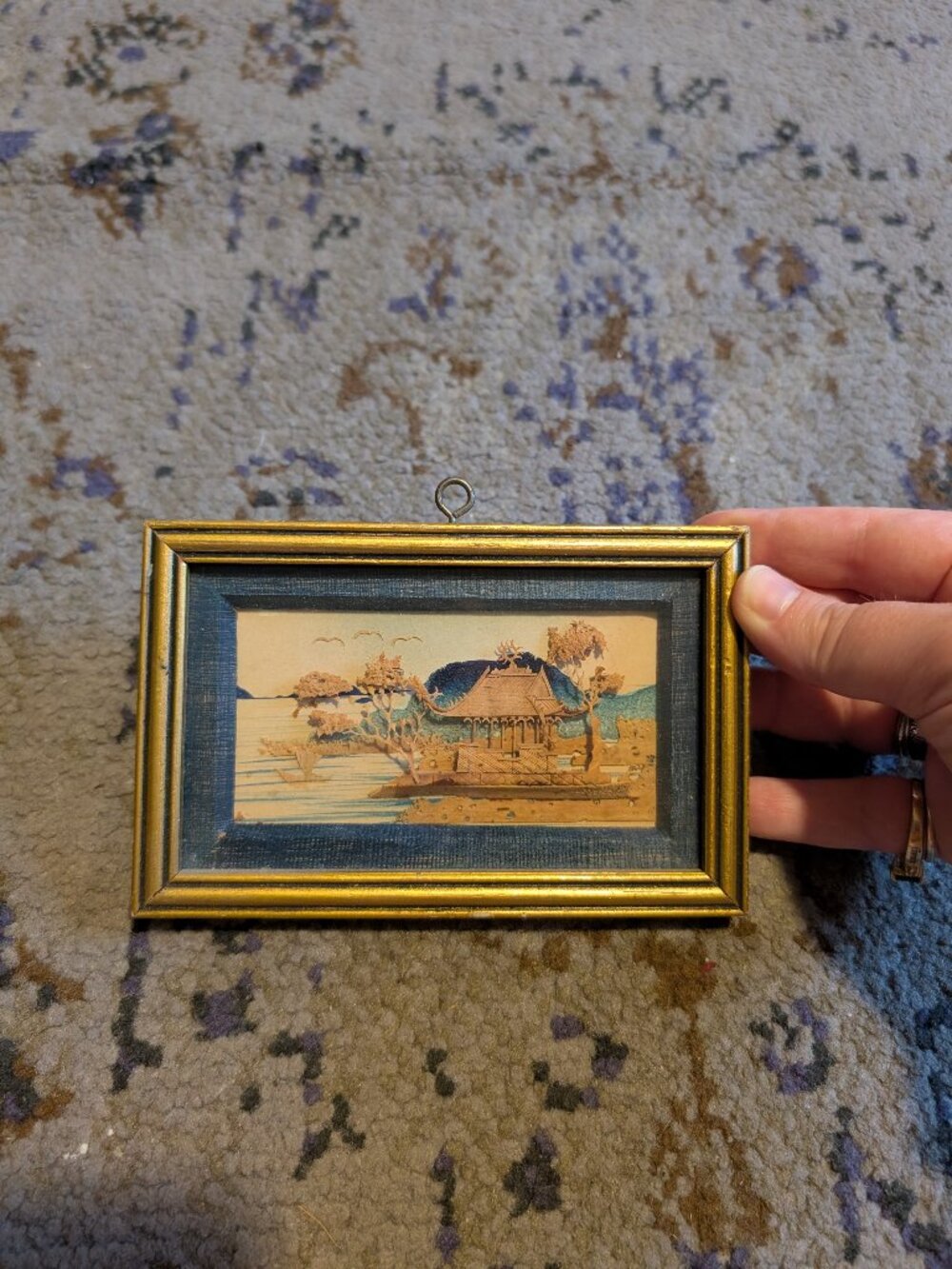 Vintage Chinese Cork Hand Carved Diorama Framed Artwork Wall Hanging 4"x5.5"